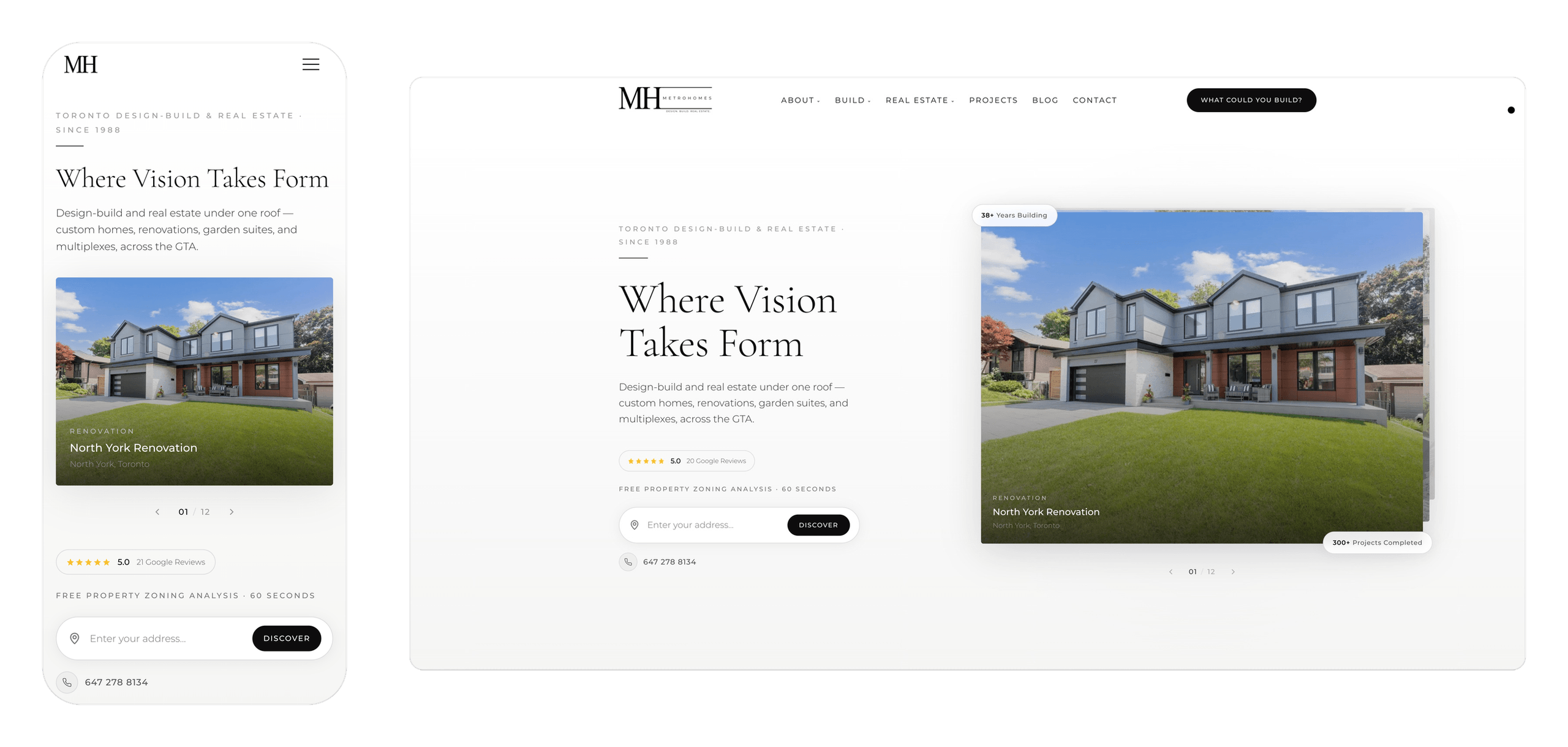 The Metrohomes Design Build homepage on an iPhone beside the same page on desktop, the address field that opens a property assessment reachable in both.