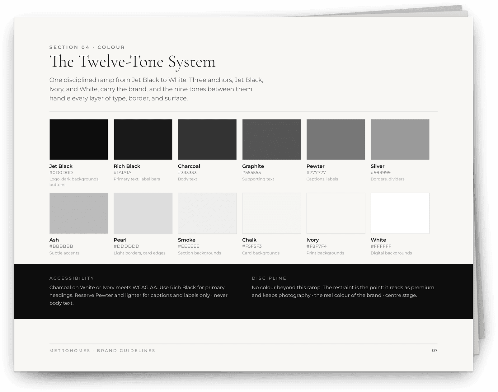 A spread from the brand book showing the twelve tone grayscale.