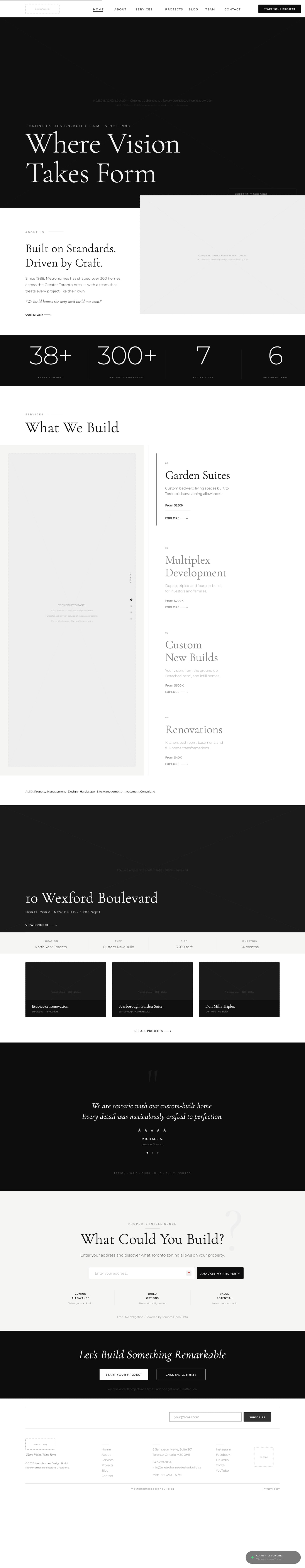 The second homepage mockup, full length: an asymmetric services list, a single large project feature, and a property tool block near the foot of the page.