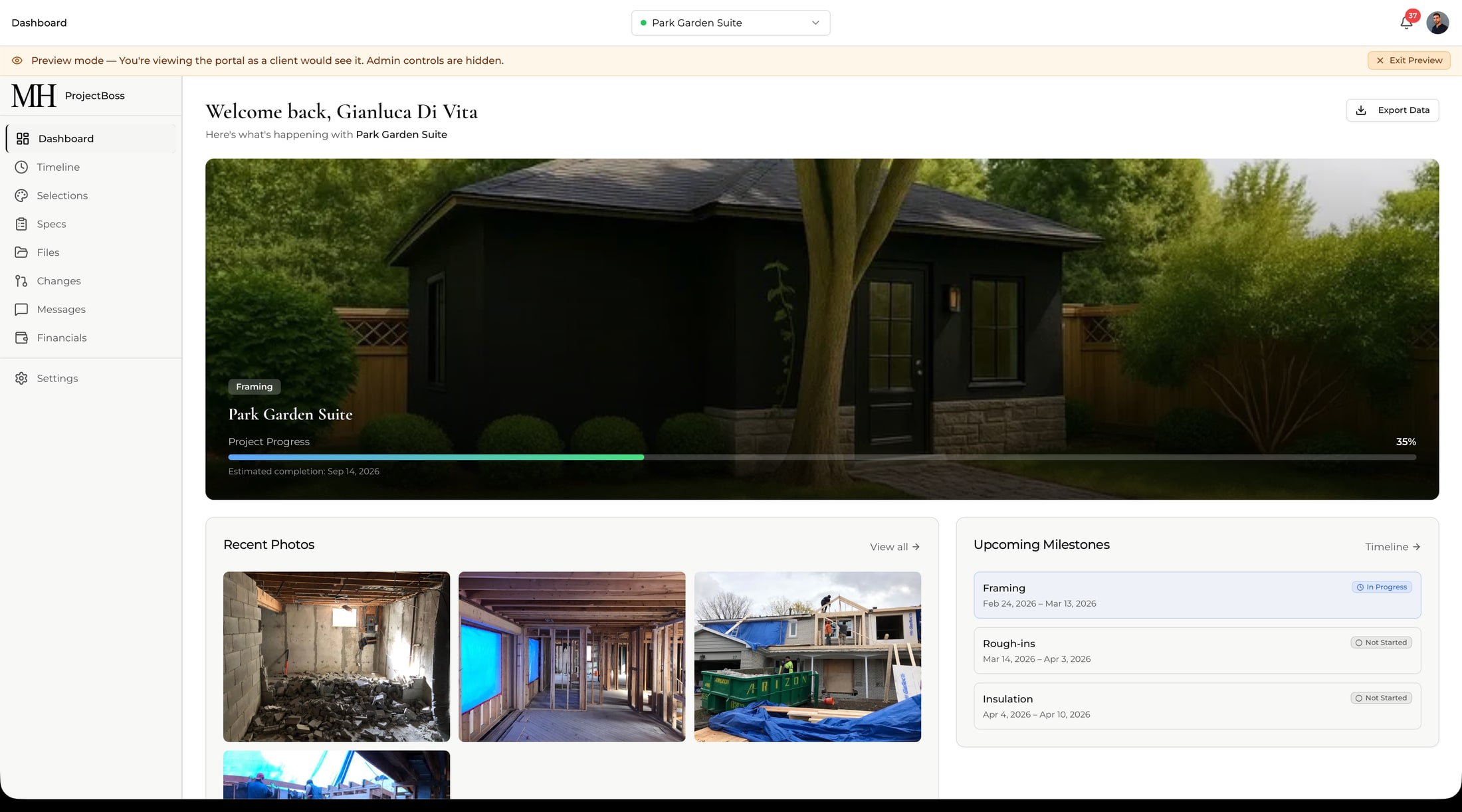 The client dashboard: a photograph of the build, a progress bar at 35 per cent, recent site photographs and upcoming milestones.