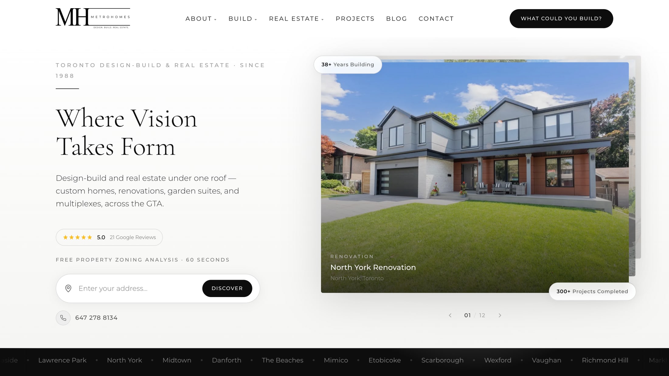 The Metrohomes homepage as it ships: the headline Where Vision Takes Form beside a project photograph, with an address field below it.