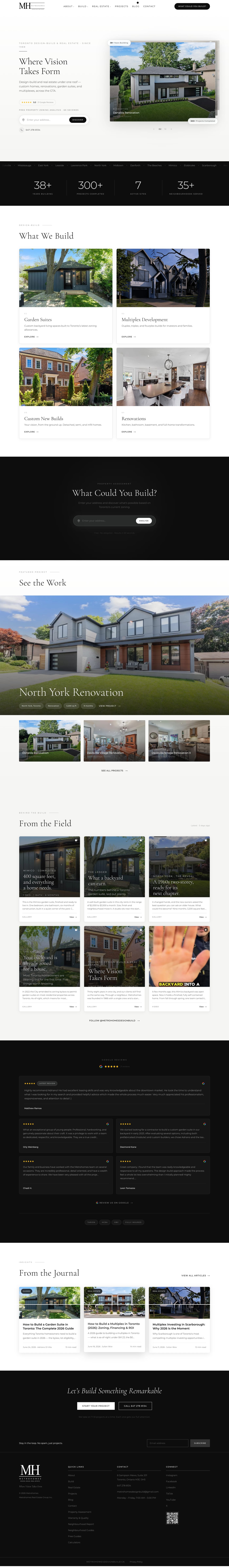 The homepage as it shipped, full length: an address field in the hero beside a project carousel, then a stats bar, the services grid, a project feature, articles, testimonials and the footer.