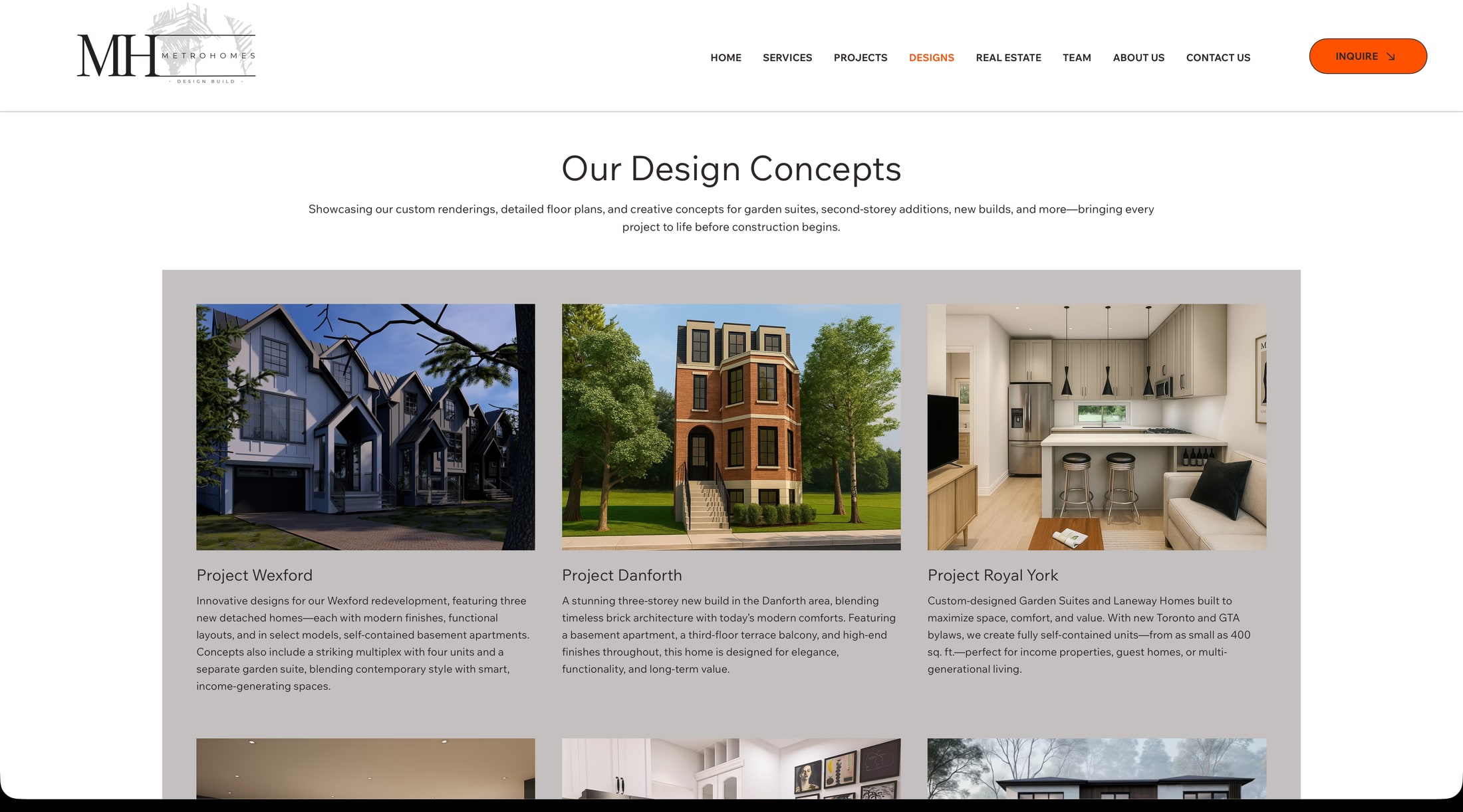 The previous design concepts page: a grid of project cards, each an image with a paragraph beneath it.