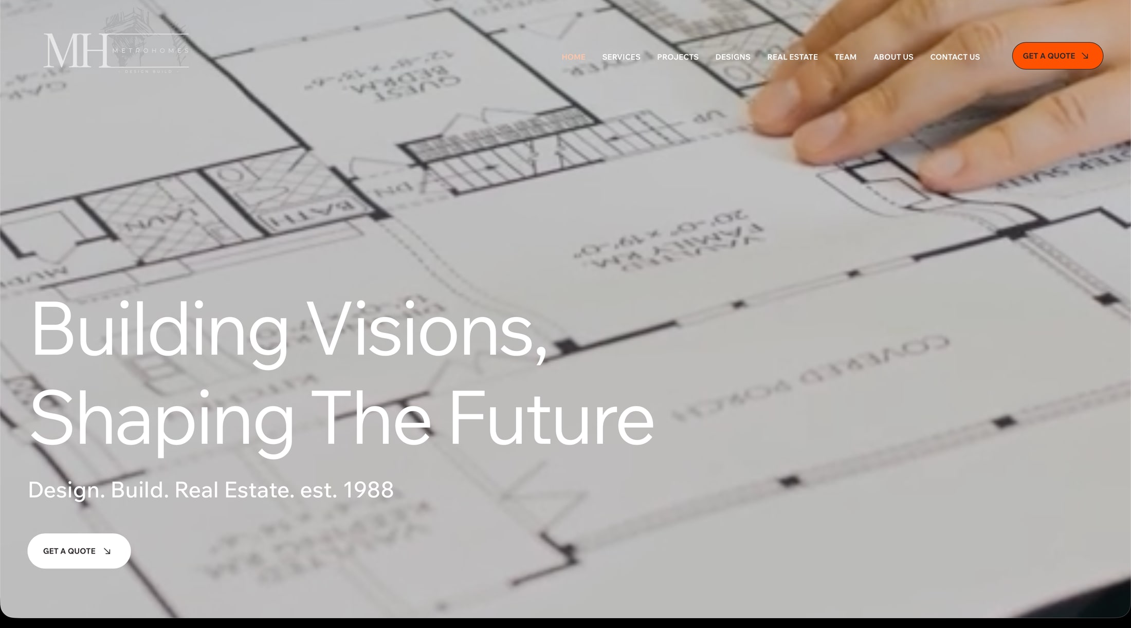 The previous Wix homepage: a blueprint photograph behind the headline Building Visions, Shaping The Future.