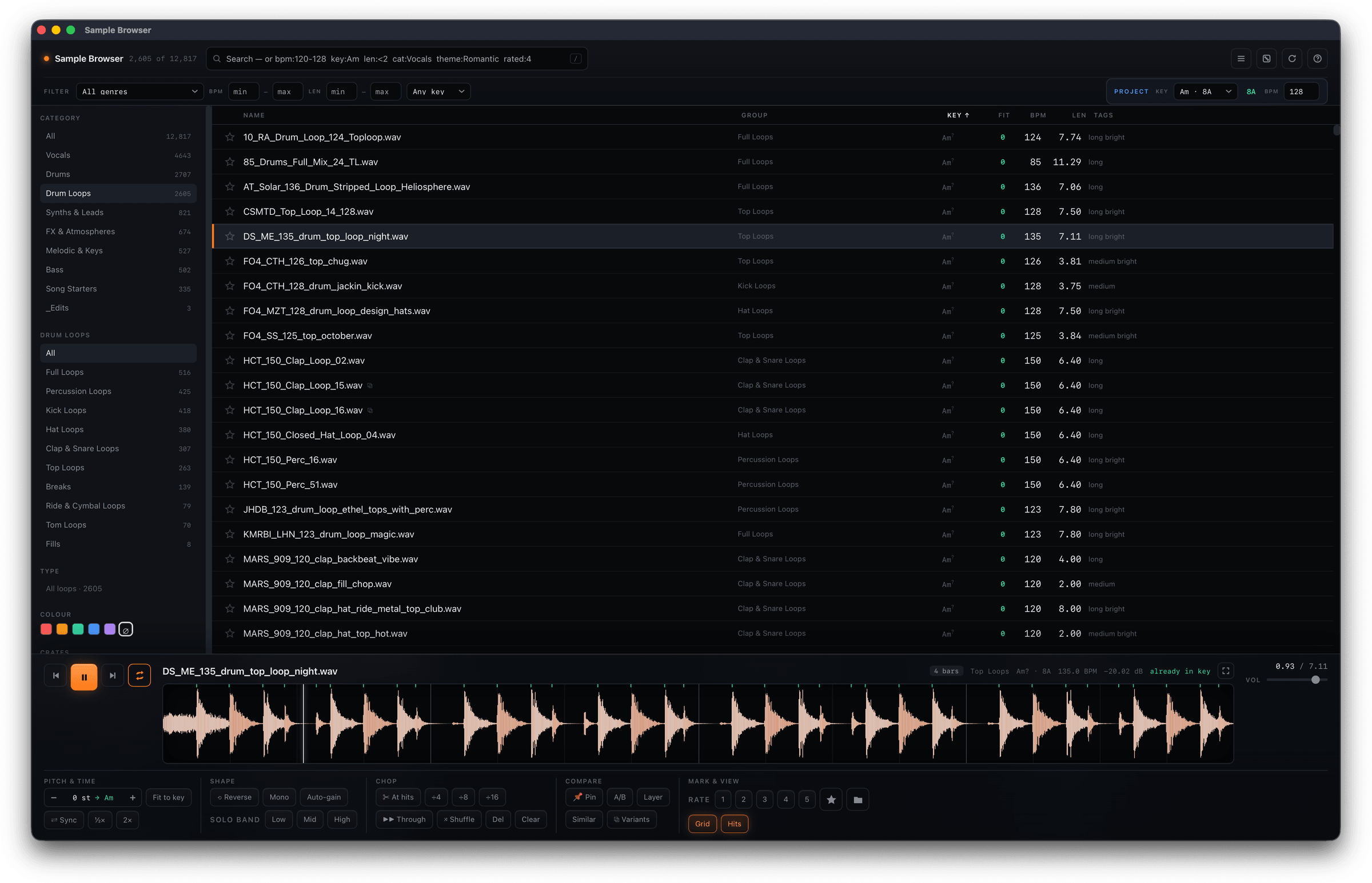 The Sample Browser library: 12,817 samples narrowed to drum loops, every row carrying its group, key, fit, tempo, length and tags, with the selected loop open in the player underneath and a query written as bpm, key, length and category filters.