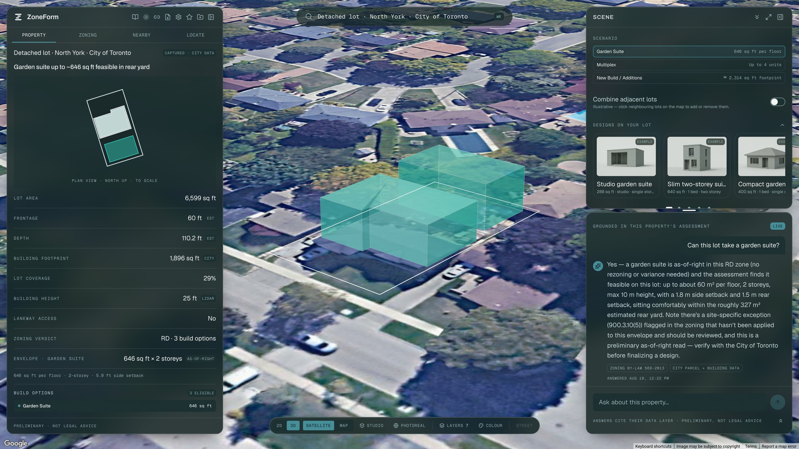 ZoneForm assessing a North York lot: a buildable garden suite envelope in 3D over the aerial, lot facts tagged by source, and the assistant answering that a garden suite is as-of-right while flagging an unapplied site-specific exception.