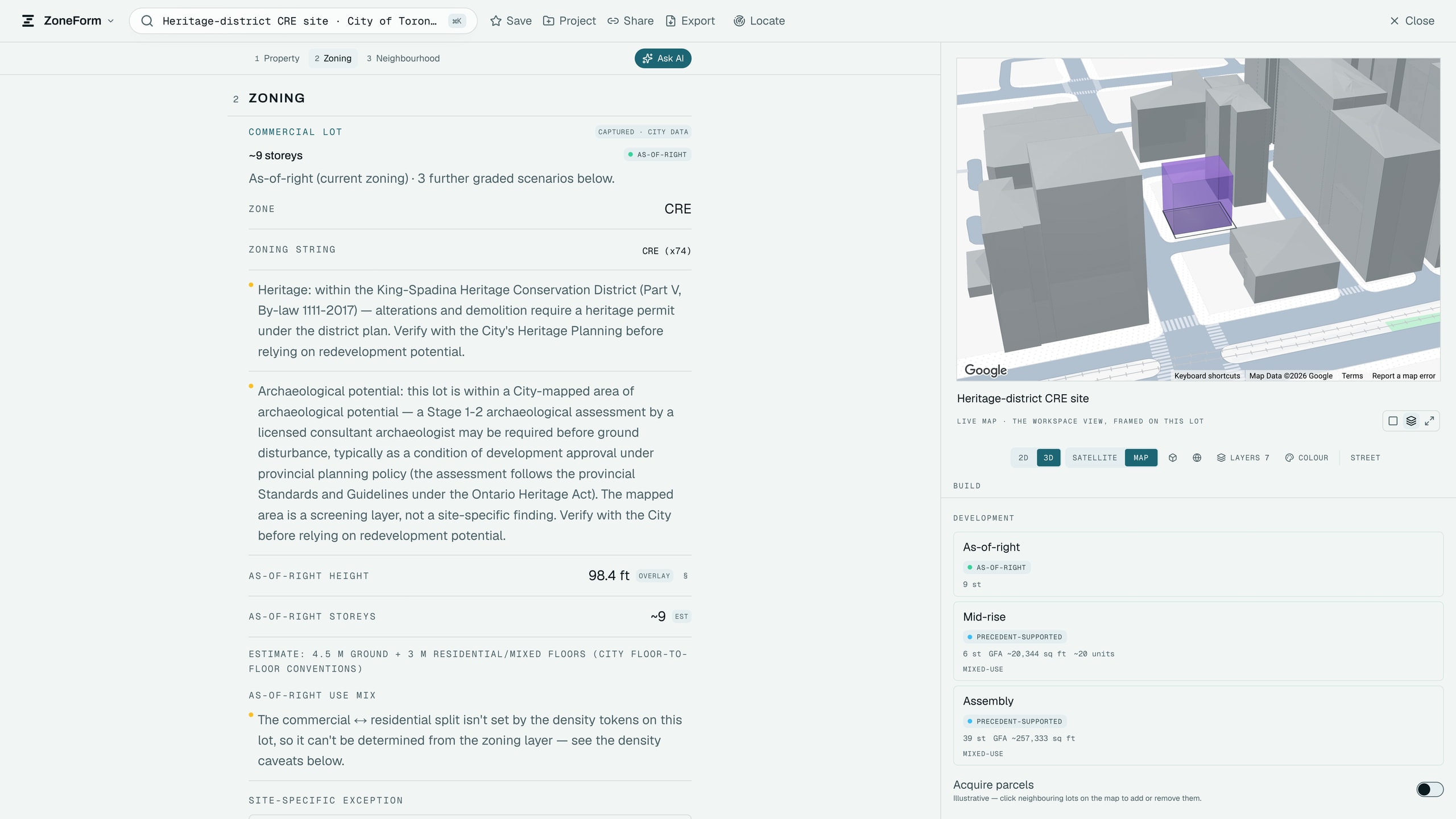 The zoning reading view: zone code, heritage and archaeological notes, as-of-right height and storeys, and a use-mix caveat, each carrying its source.