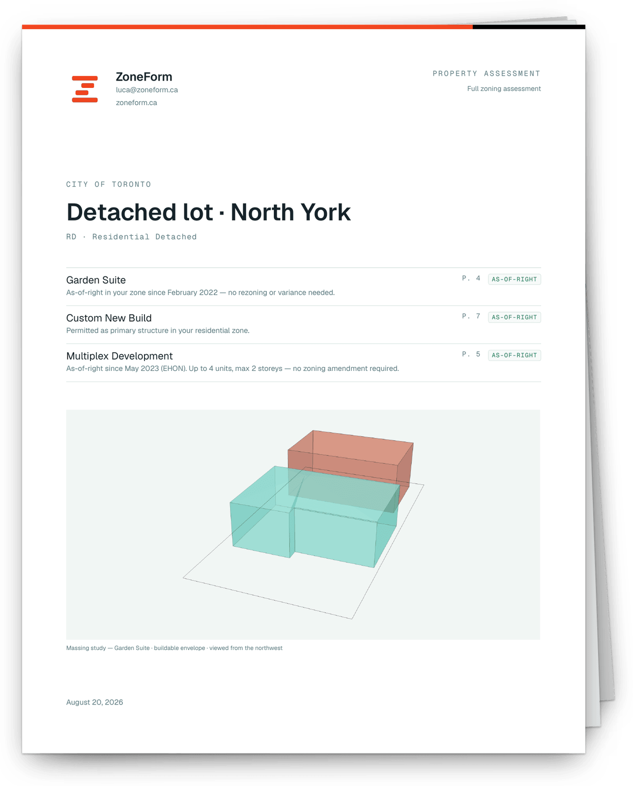 The client report as a stack of pages, showing the verdict cover with the massing diagram.